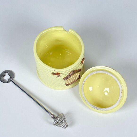 Vintage Lorrie Design Ceramic Honey Pot With Lid Honey Dipper Spoon Made Japan - Picture 8 of 11